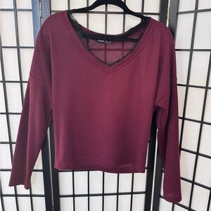 SHEIN Wine Long Sleeve V-Neck Top